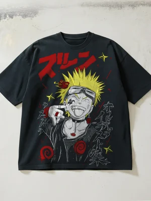 Naruto-Themed 330g Heavyweight Distressed Short-Sleeve T-Shirt