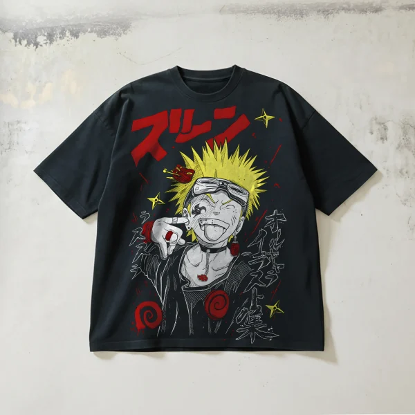Naruto-Themed 330g Heavyweight Distressed Short-Sleeve T-Shirt