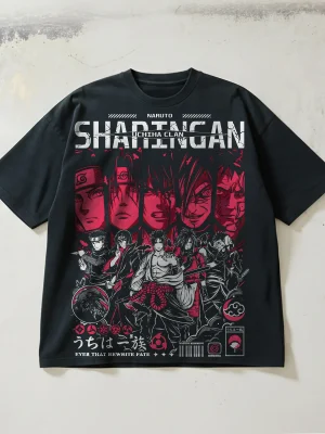 Naruto: Uchiha Clan Print — 330g Heavyweight Distressed Short-Sleeve T-Shirt